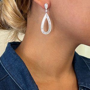 Bagutte & Round Cut Diamond Drop Statement Earrings 18K White Gold 3.31Cttw